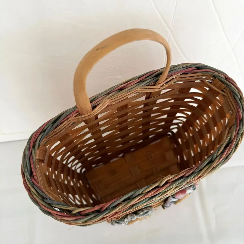 Vintage Woven Hand Made Hanging Wall Door Basket with YoYo Flowers Buttons